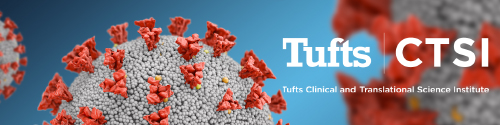 A rendering of coronavirus, and the Tufts CTSI logo